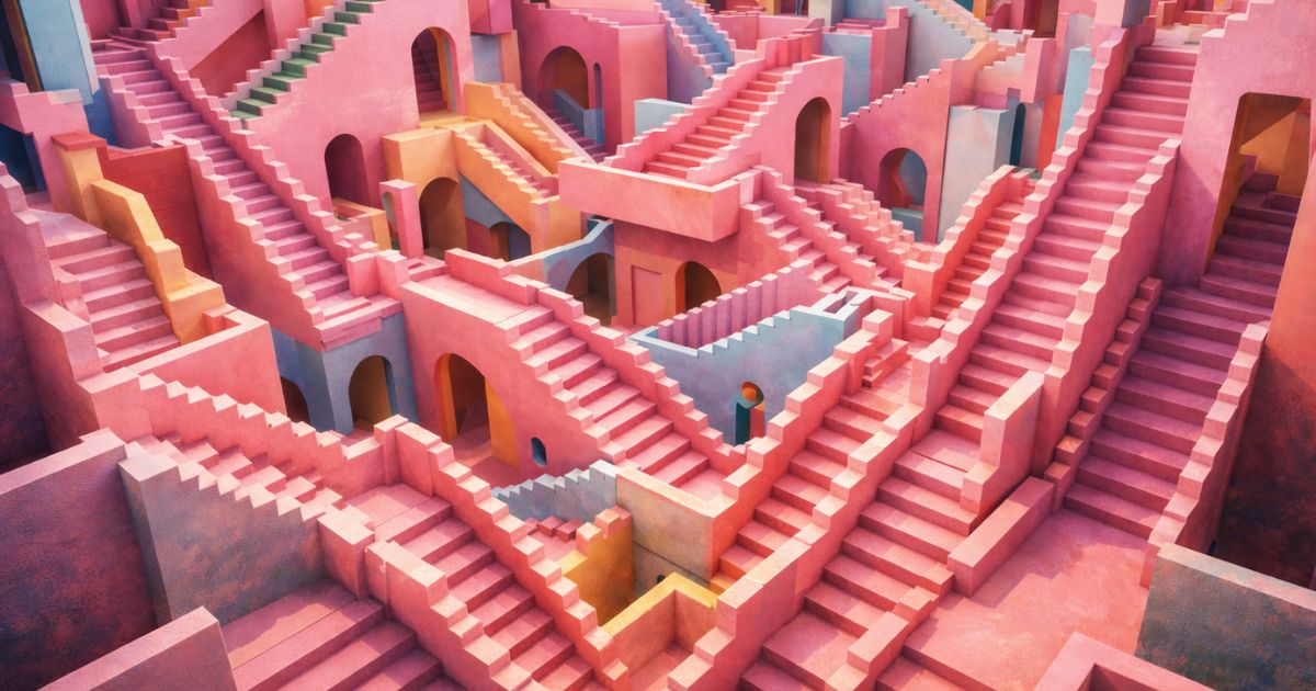 パステルカラーの迷路のような階段