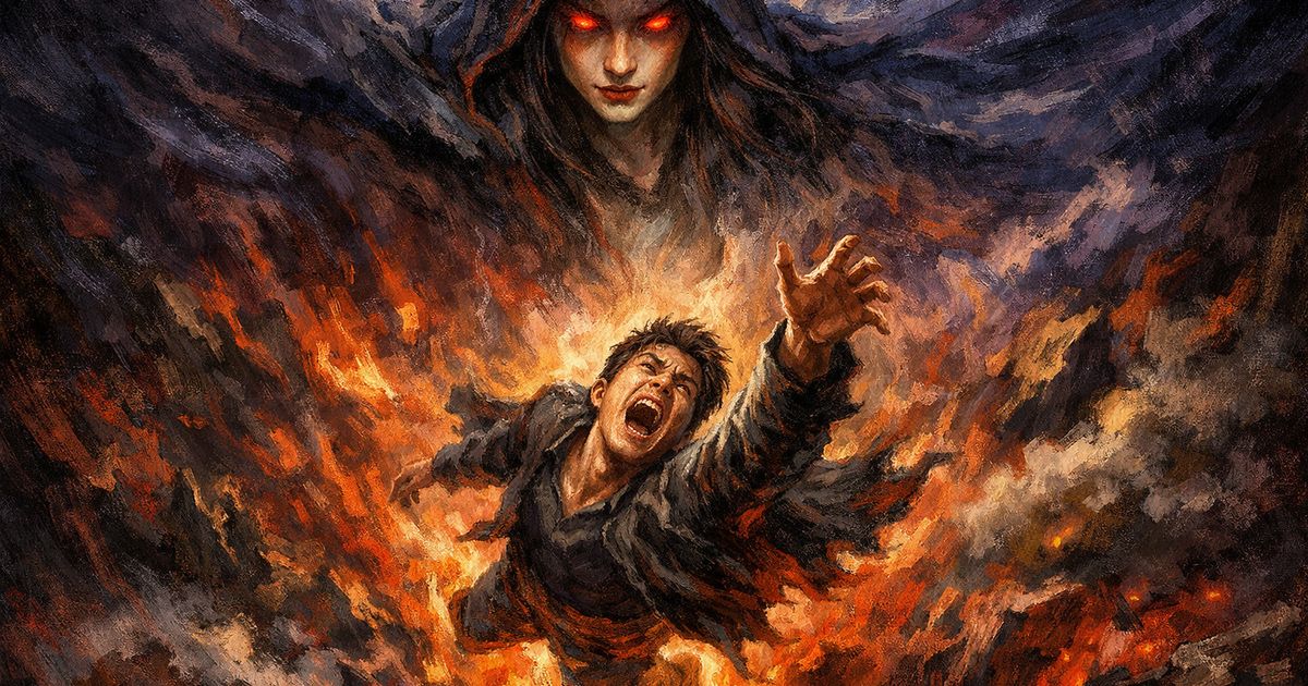 死神に睨まれながら地獄に堕ちる男