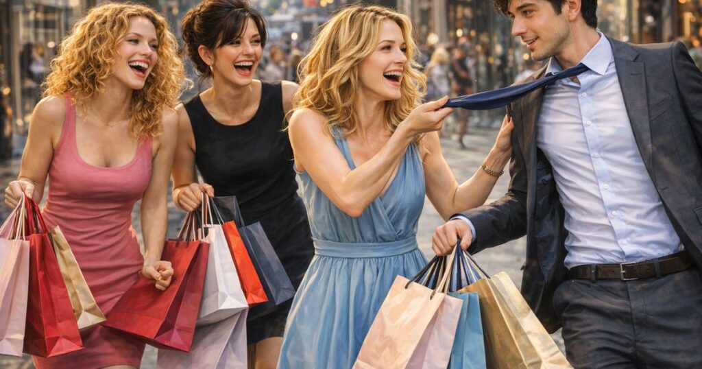 買い物を楽しむ女性と付き添う男性