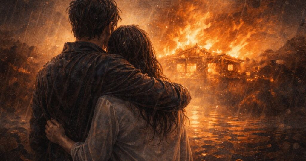 燃える建物を寄り添いながら見つめる男女