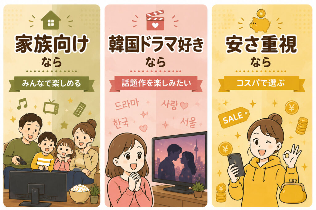 家族向け、韓国ドラマ好き、安さ重視の方向けのサービス