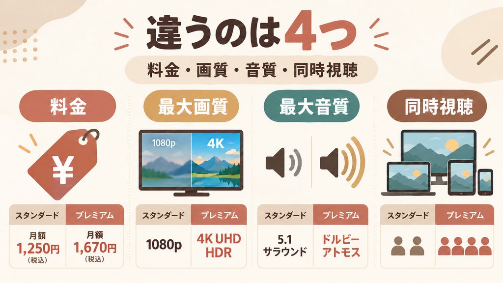 ディズニープラスのスタンダードとプレミアムで違うのは料金・画質・音質・同時視聴の4つ