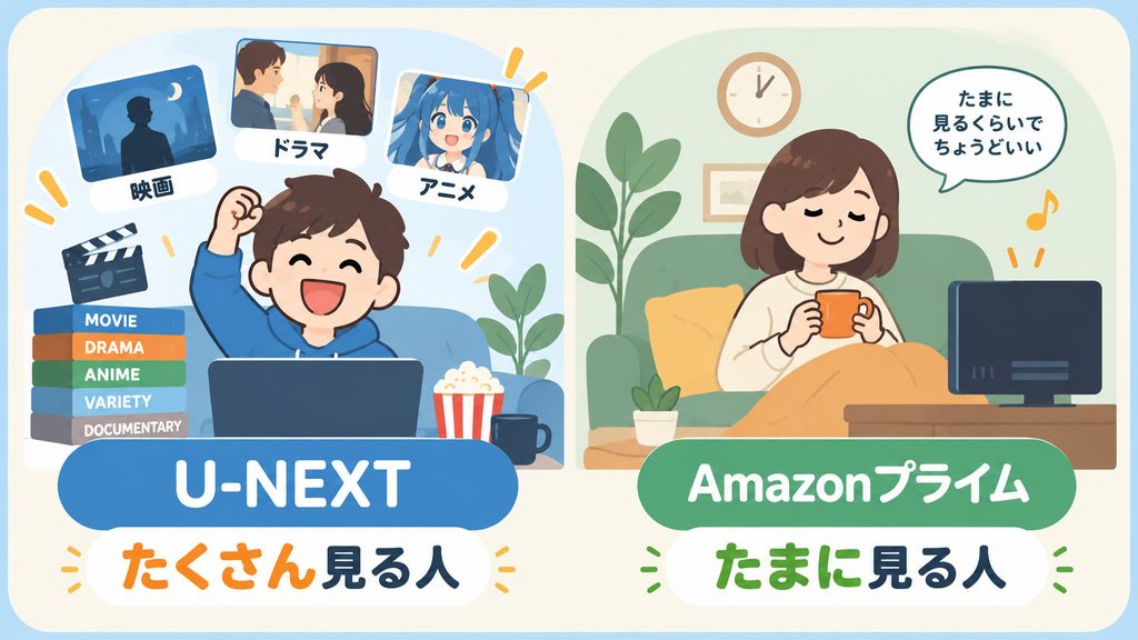 U-NEXTは「たくさん見る人」、Amazonプライムは「たまに見る人」と相性がいい